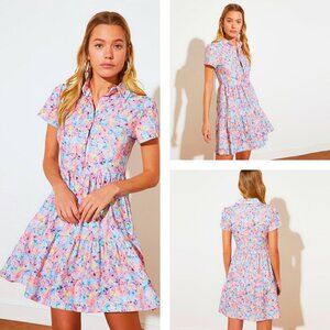 Trendyol Pink Floral Patterned Shirt Collar A-Line Mini Knitted Dress (size M)